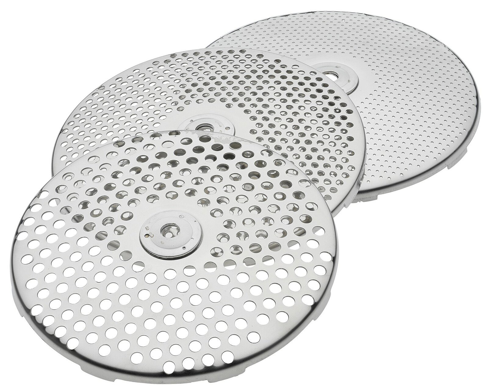 Drei runde, silberne Metallscheiben mit Löchern, perspektivisch von oben fotografiert.