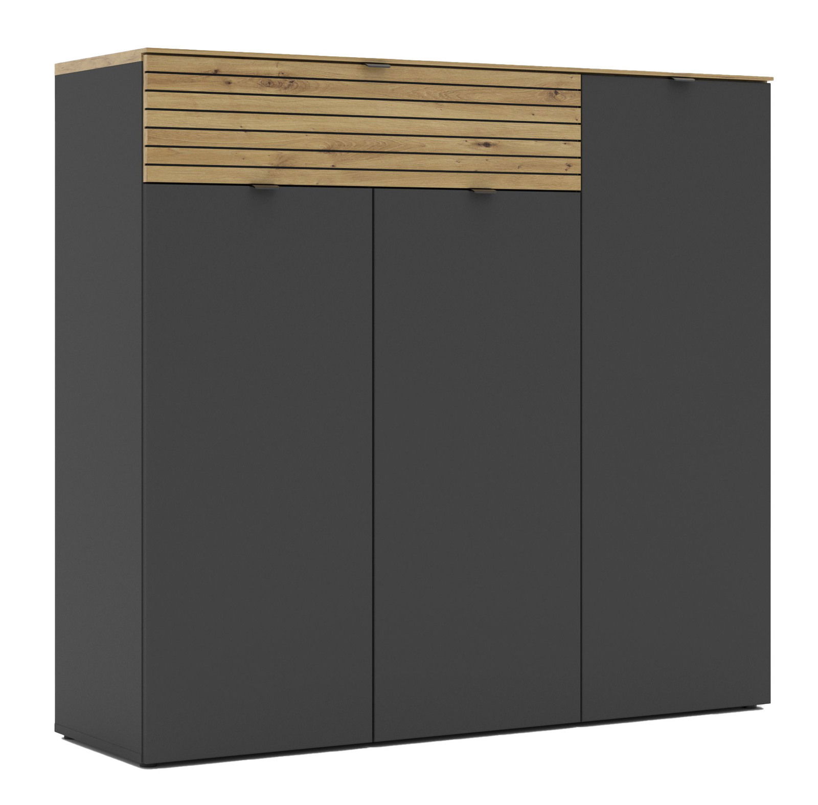 Moderner XXL-Schuhschrank in dunklem Grau mit Holzdetails, Frontalansicht