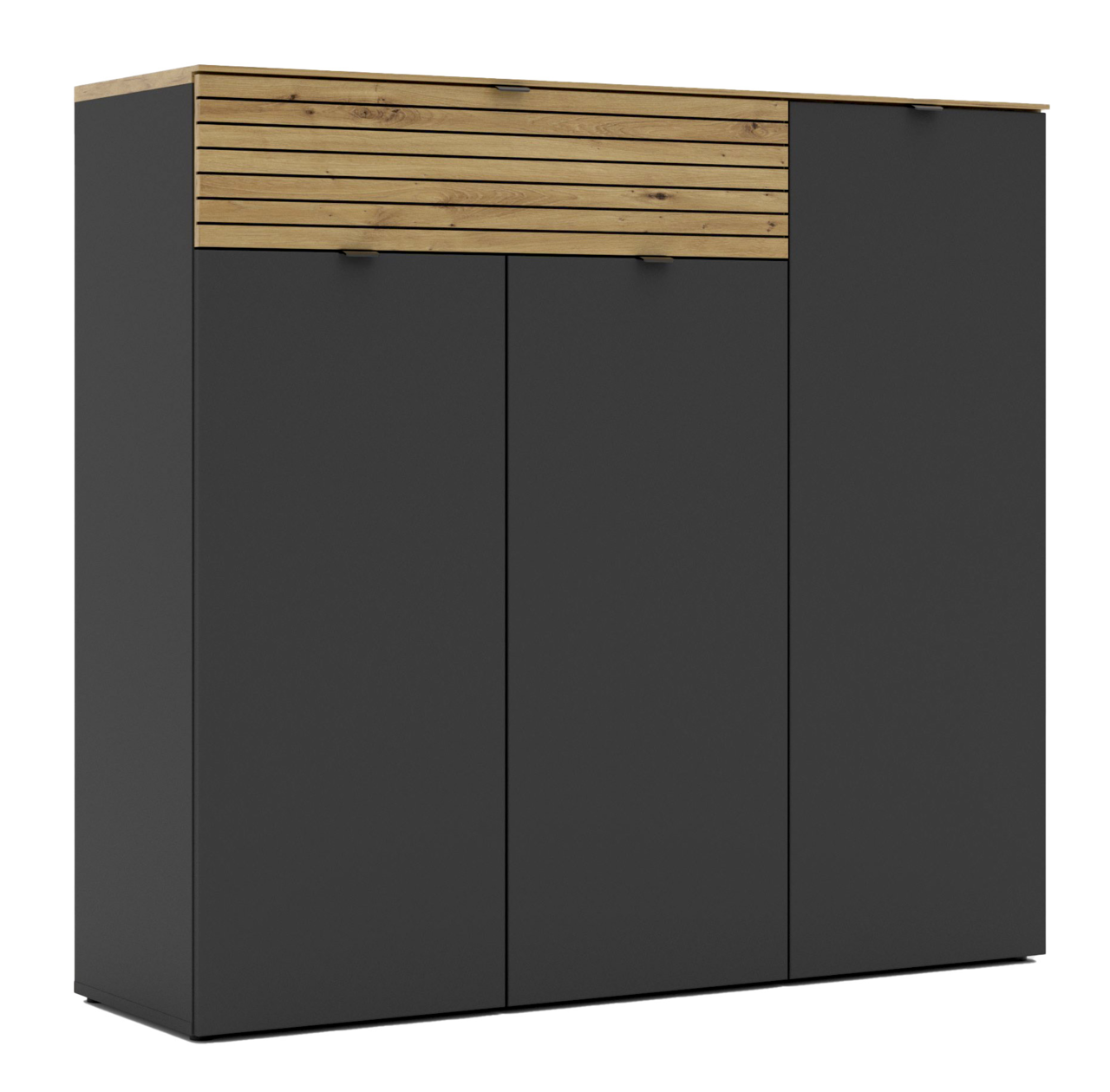 Moderner XXL-Schuhschrank in dunklem Grau mit Holzdetails, Frontalansicht