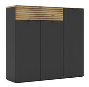 Moderner XXL-Schuhschrank in dunklem Grau mit Holzdetails, Frontalansicht