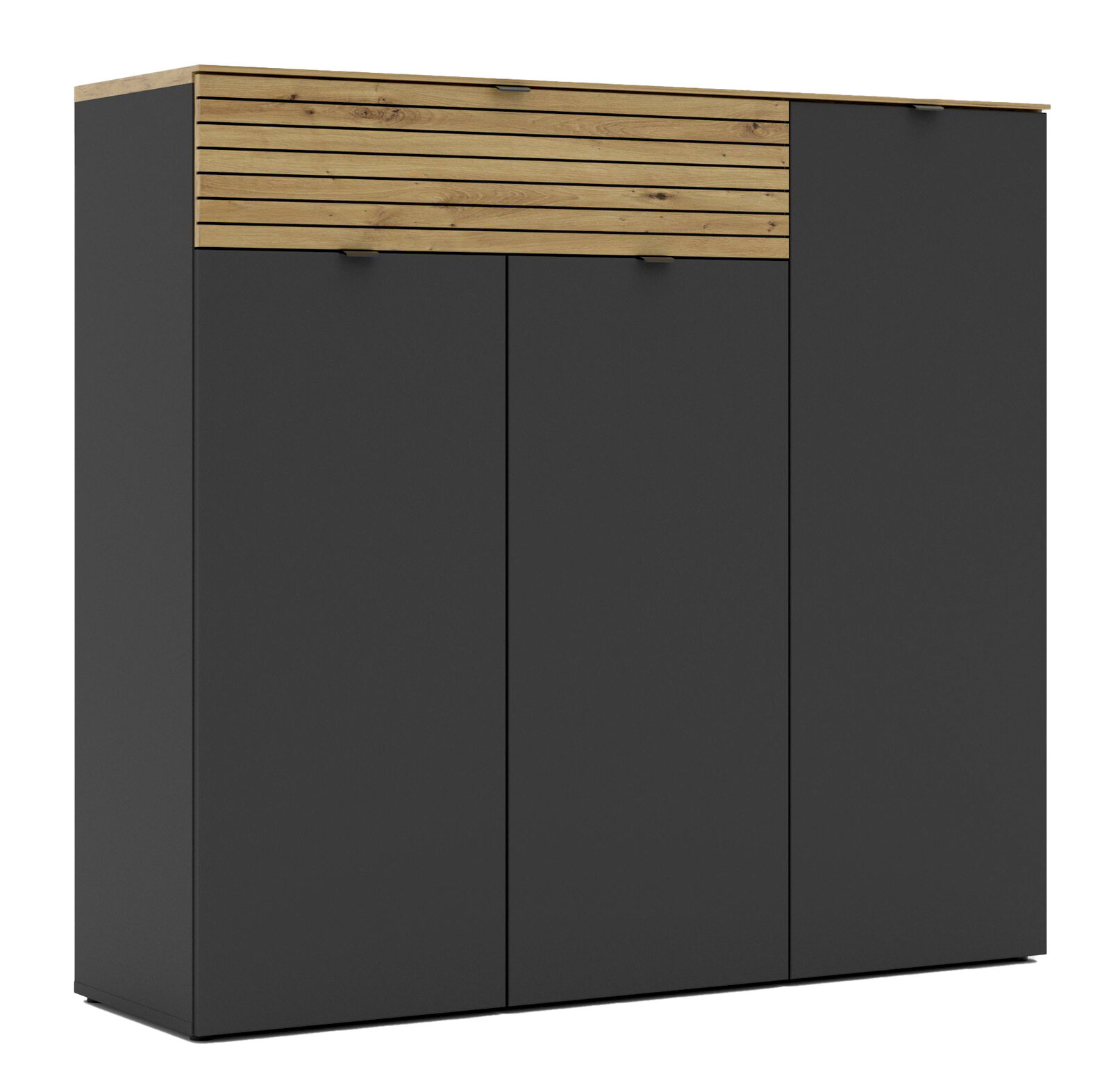 Moderner XXL-Schuhschrank in dunklem Grau mit Holzdetails, Frontalansicht