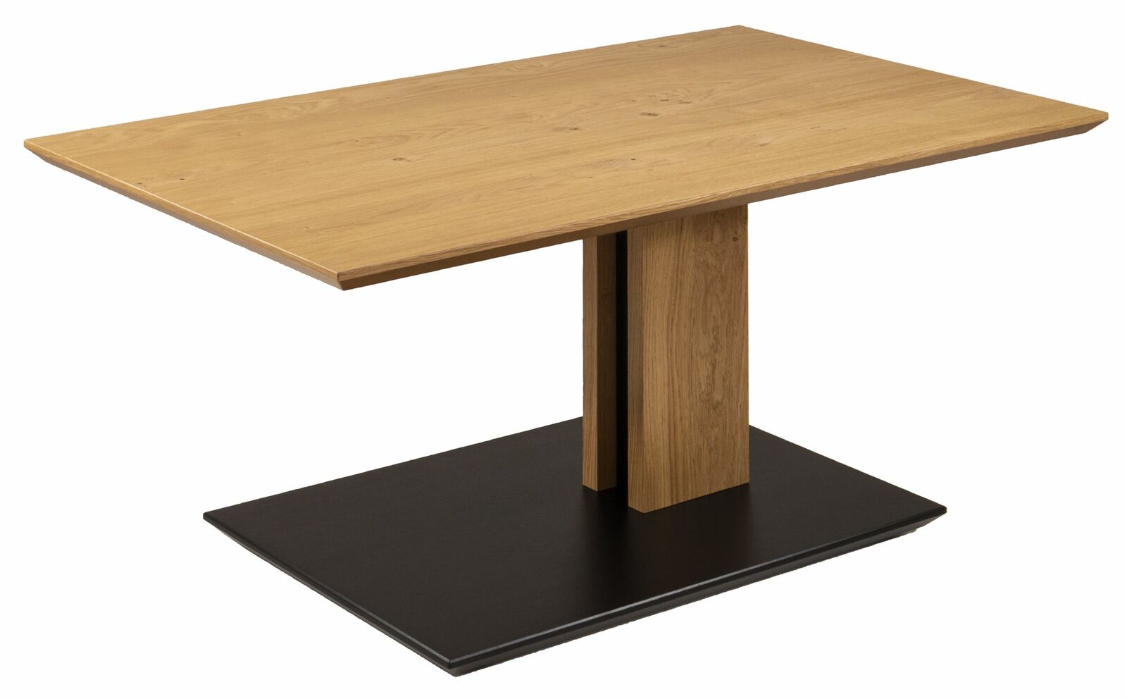 Moderner Couchtisch aus Holz mit rechteckiger Tischplatte und stabiler Basis, seitliche Perspektive