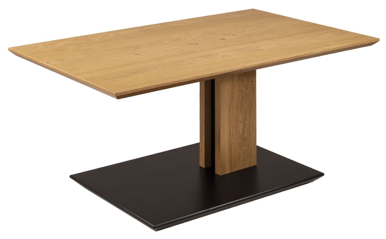 Moderner Couchtisch aus Holz mit rechteckiger Tischplatte und stabiler Basis, seitliche Perspektive