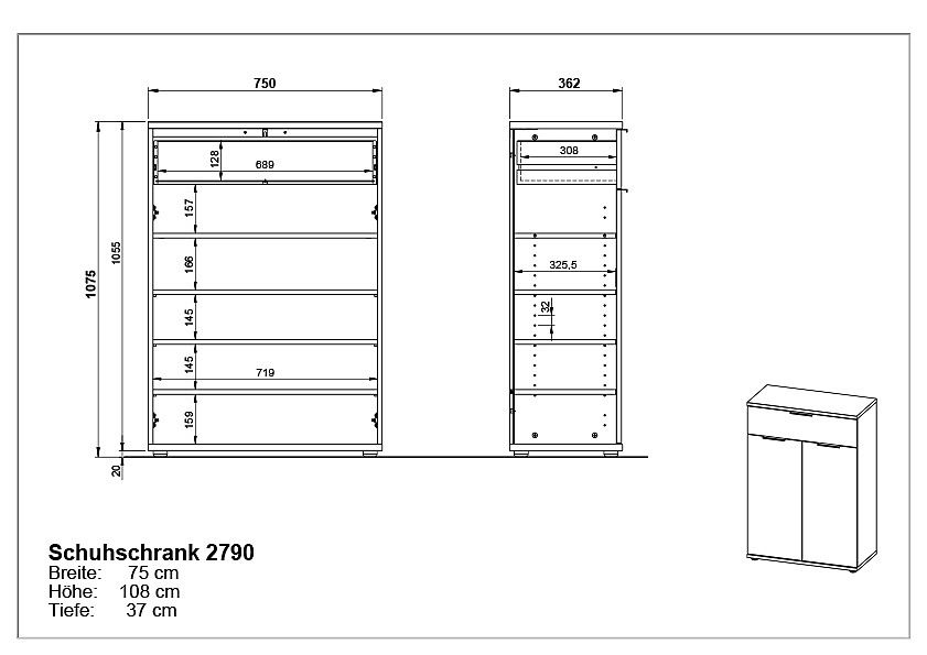 Schuhschrank mit den Maßen 75 cm Breite, 108 cm Höhe und 37 cm Tiefe, Frontansicht und Seitenansicht.