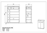 Schuhschrank mit den Maßen 75 cm Breite, 108 cm Höhe und 37 cm Tiefe, Frontansicht und Seitenansicht.