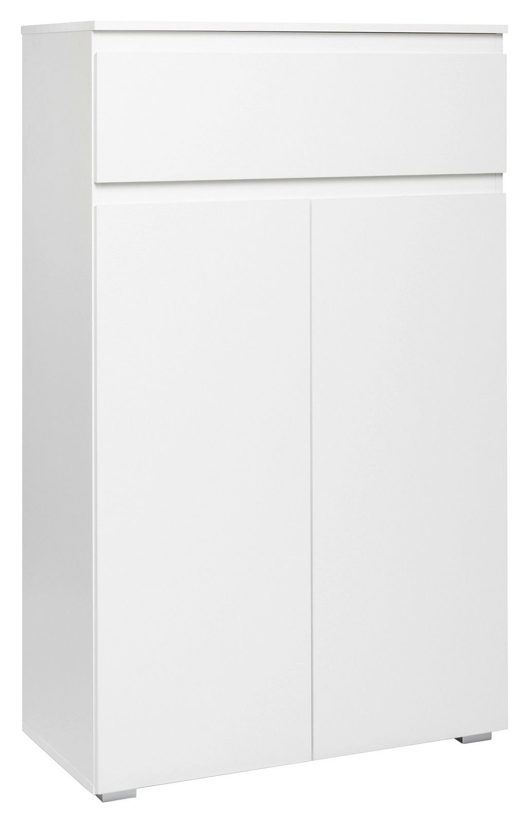 Z2 Kommode IMAGE Weiße Kommode mit zwei Türen und einer Schublade, seitliche Perspektive