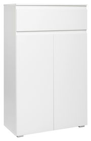 Weiße Kommode mit zwei Türen und einer Schublade, seitliche Perspektive