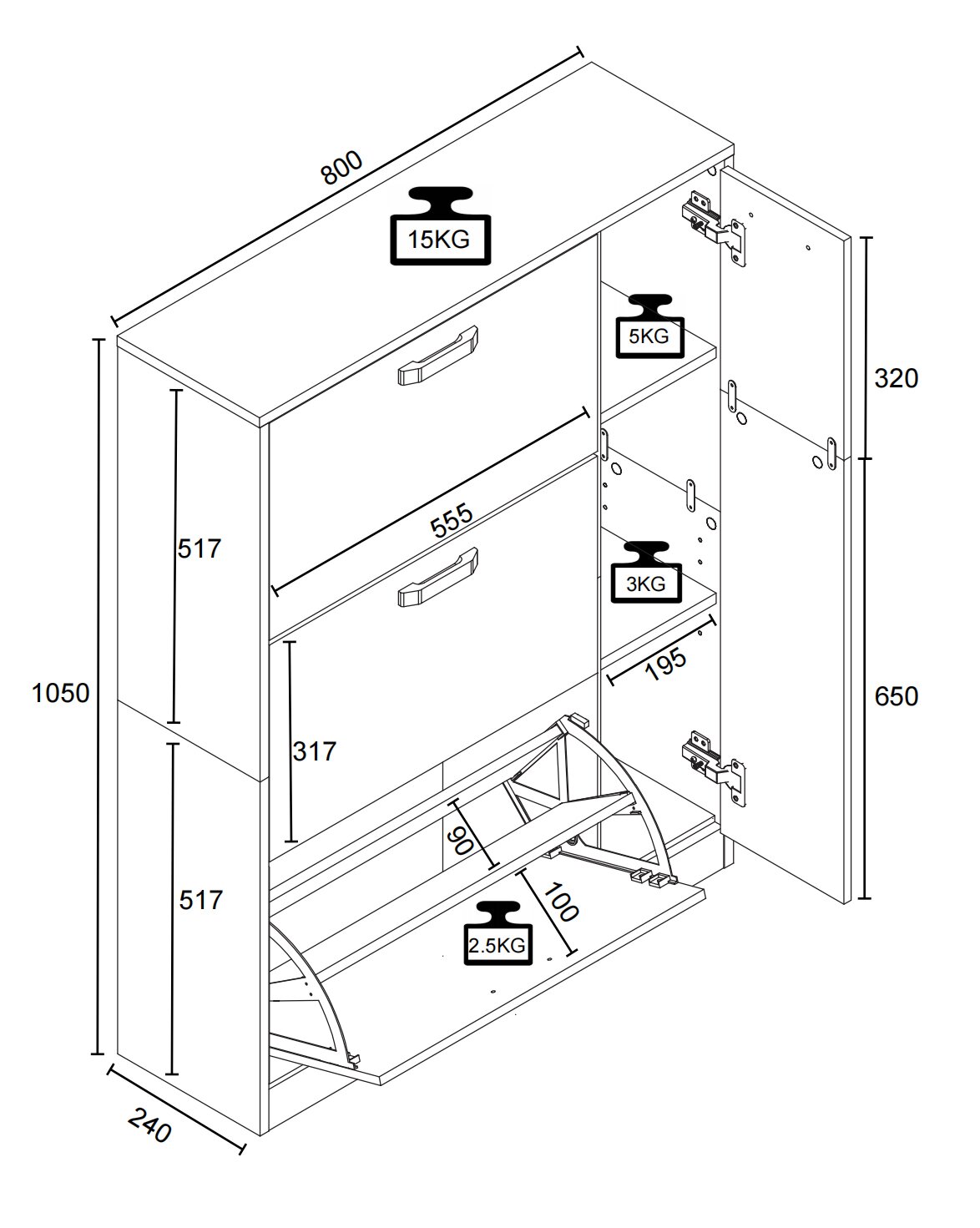 Technische isometrische Schrägansicht eines schmalen Schuhschranks mit Klappfach, Schublade und geöffneter Tür mit Innenfächern; Maßangaben (ca. 800×240×1050 mm) und Belastbarkeit (15 kg Deckplatte, 5 kg/3 kg Böden, 2,5 kg Klappe) eingezeichnet.