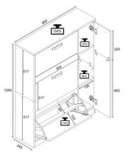 Technische isometrische Schrägansicht eines schmalen Schuhschranks mit Klappfach, Schublade und geöffneter Tür mit Innenfächern; Maßangaben (ca. 800×240×1050 mm) und Belastbarkeit (15 kg Deckplatte, 5 kg/3 kg Böden, 2,5 kg Klappe) eingezeichnet.