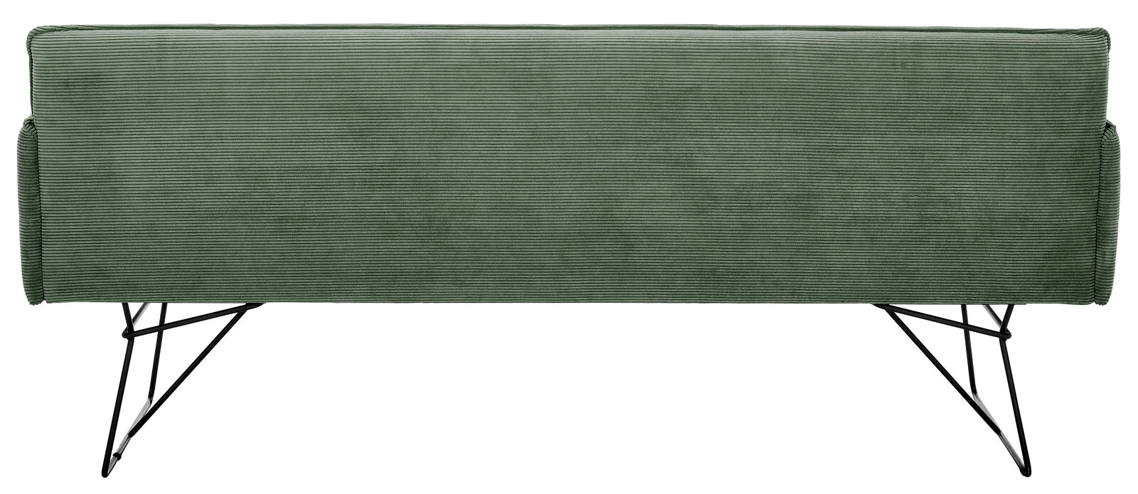 Rückansicht einer grünen 3-Sitzer-Solobank mit Metallbeinen.