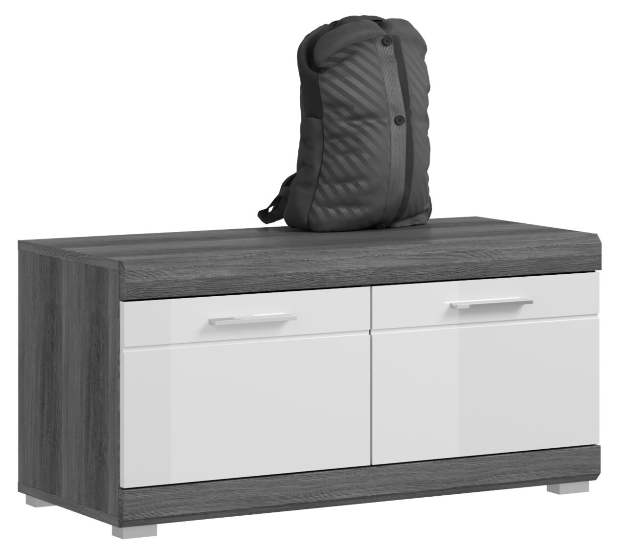 MID.YOU Garderobebank SCOUT Garderobenbank in Holzoptik mit weißen Schubladen, darauf ein schwarzer Rucksack, seitliche Perspektive
