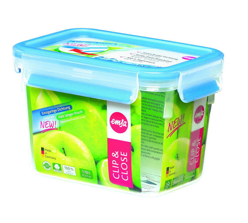 Rechteckige Frischhaltedose mit blauem Deckel und Clip-Verschluss, 1,1 Liter, seitliche Perspektive