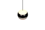 Moderne Pendelleuchte in Kugelform, schwarz mit leuchtender Oberseite, Ansicht von unten