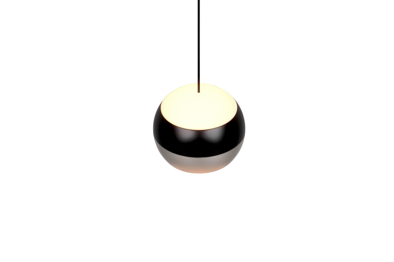 Moderne Pendelleuchte in Kugelform, schwarz mit leuchtender Oberseite, Ansicht von unten