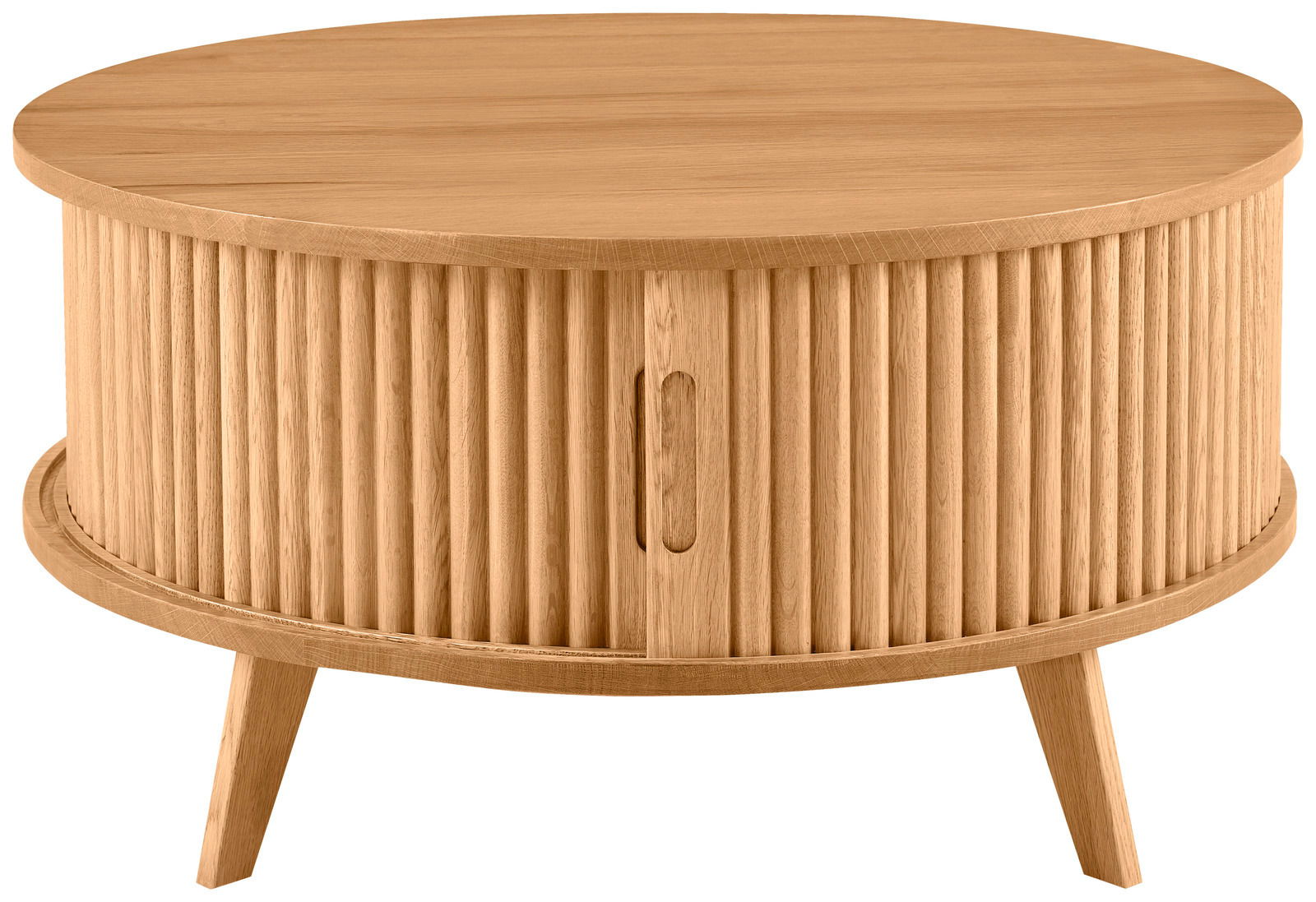 Runder Couchtisch aus Holz mit geriffeltem Design und schrägen Beinen, Frontalansicht