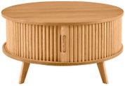 Runder Couchtisch aus Holz mit geriffeltem Design und schrägen Beinen, Frontalansicht