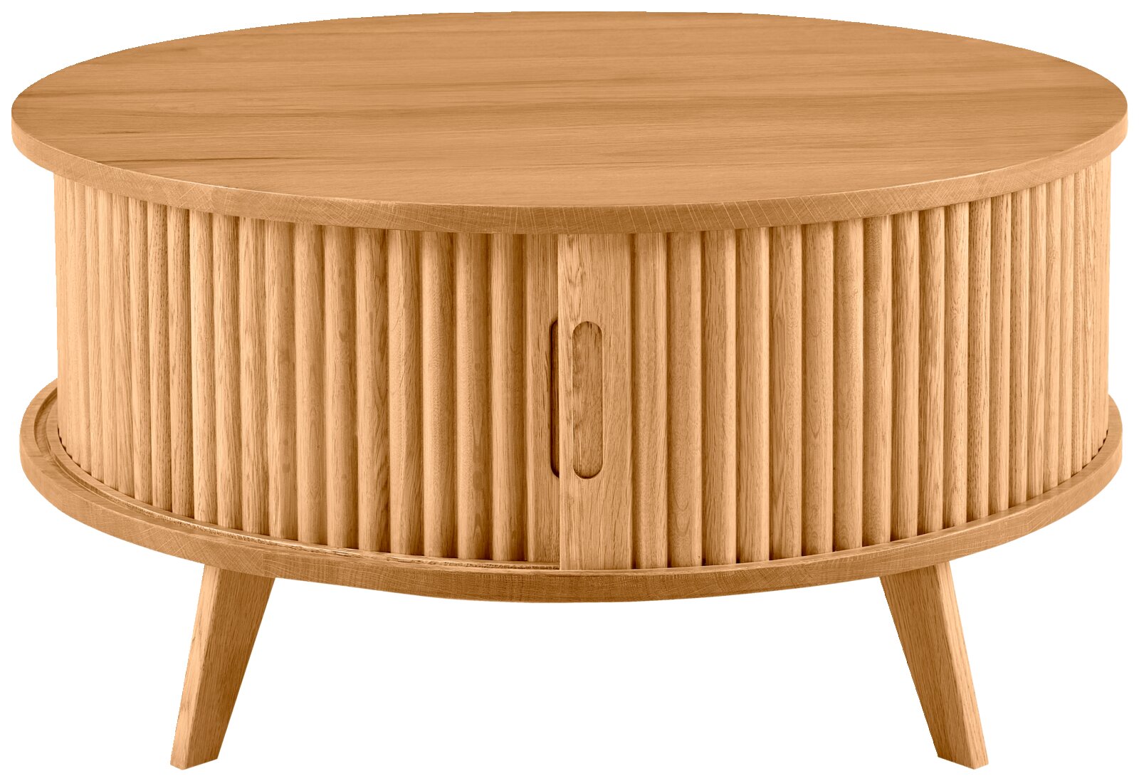 Runder Couchtisch aus Holz mit geriffeltem Design und schrägen Beinen, Frontalansicht