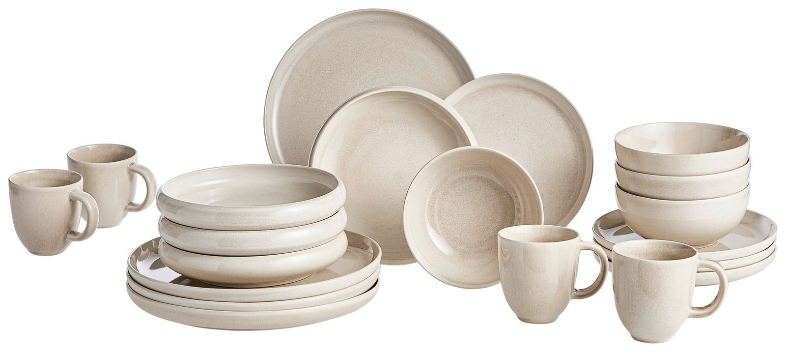 Kombiservice 20-teilig CANJU Moonbeamblomus in beige, bestehend aus Tellern, Schalen und Tassen, seitliche Perspektive
