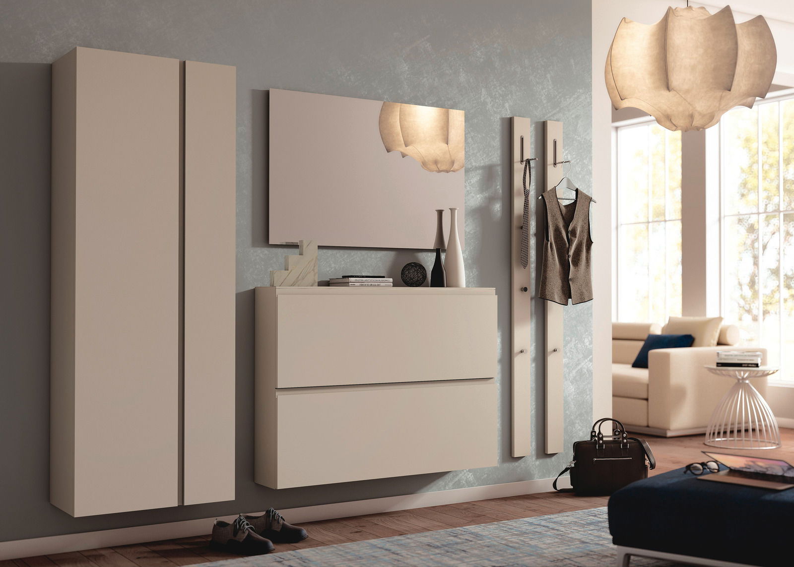 Moderano Hänge-Garderobenschrank LECCO Moderner Hänge-Garderobenschrank in Beige mit zwei Türen, seitliche Perspektive, in einem stilvoll eingerichteten Wohnzimmer.