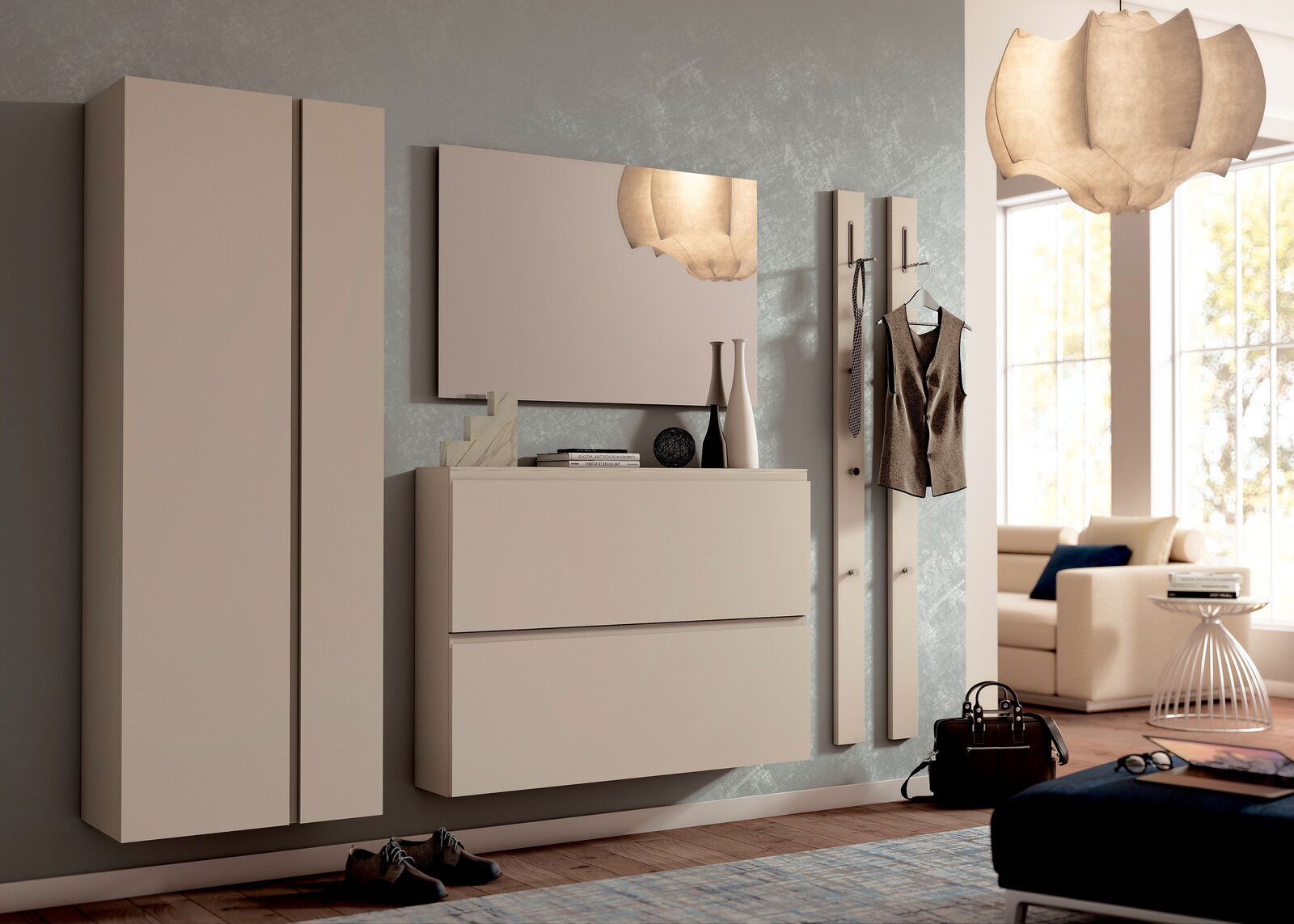 Moderano Hangende garderobekast LECCO Moderner Hänge-Garderobenschrank in Beige mit zwei Türen, seitliche Perspektive, in einem stilvoll eingerichteten Wohnzimmer.