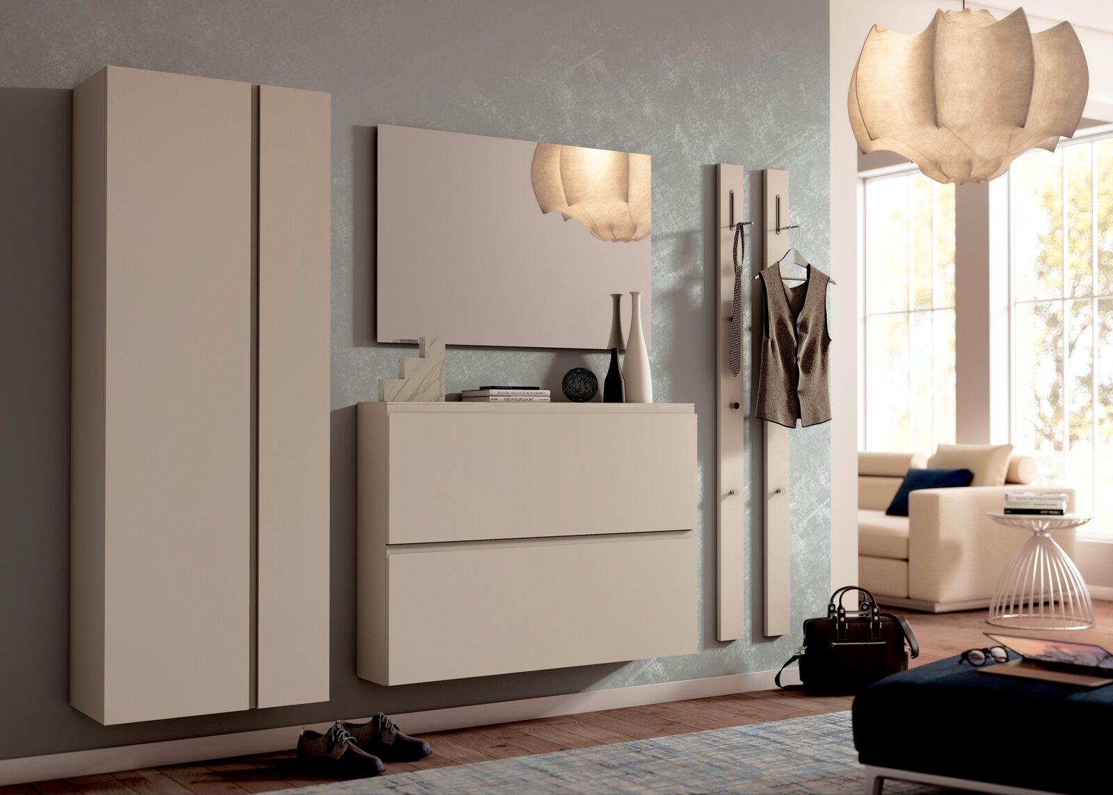 Moderne hangende garderobekast in beige met twee deuren, gezien vanaf de zijkant, in een stijlvol ingerichte woonkamer.