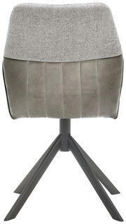 Rückansicht eines modernen Stuhls mit grauem Stoffbezug und schwarzem Metallgestell.