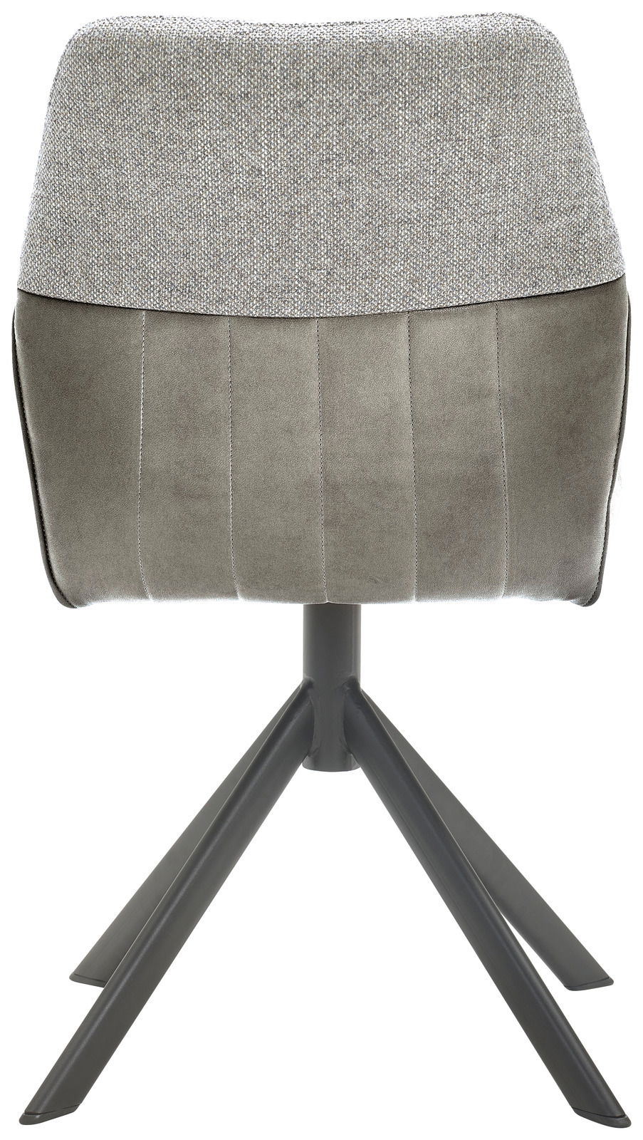 Rückansicht eines modernen Stuhls mit grauem Stoffbezug und schwarzem Metallgestell.