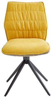 Gelber Stuhl der Serie HAPPY mit gepolsterter Sitzfläche und Rückenlehne, schwarzes Metallgestell, Frontalansicht