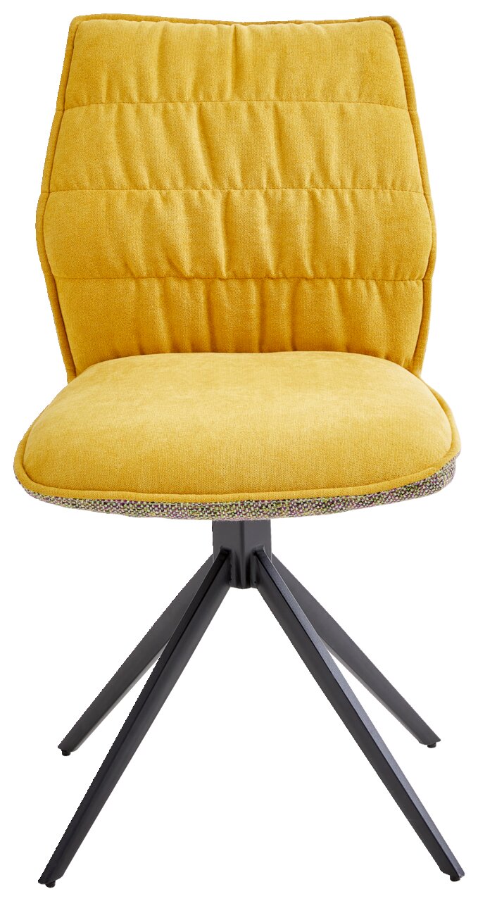 Gelber Stuhl der Serie HAPPY mit gepolsterter Sitzfläche und Rückenlehne, schwarzes Metallgestell, Frontalansicht
