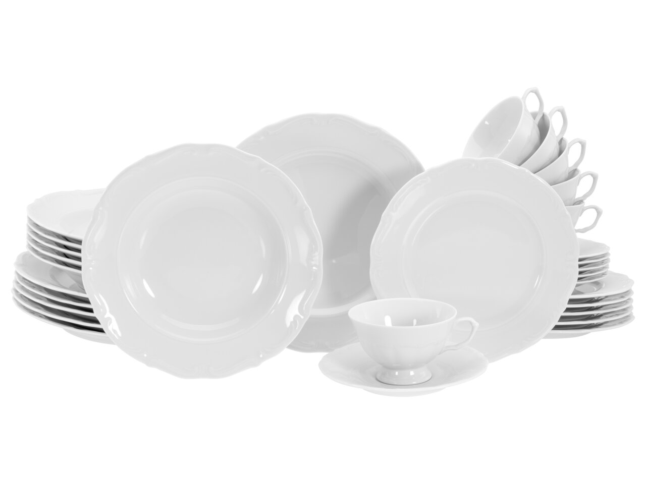 Creatable Kombiservice 30-tlg. MARIA THERESIA Kombiservice Maria Theresia 30-teilig, bestehend aus weißen Tellern, Schalen und Tassen, frontal abgebildet.