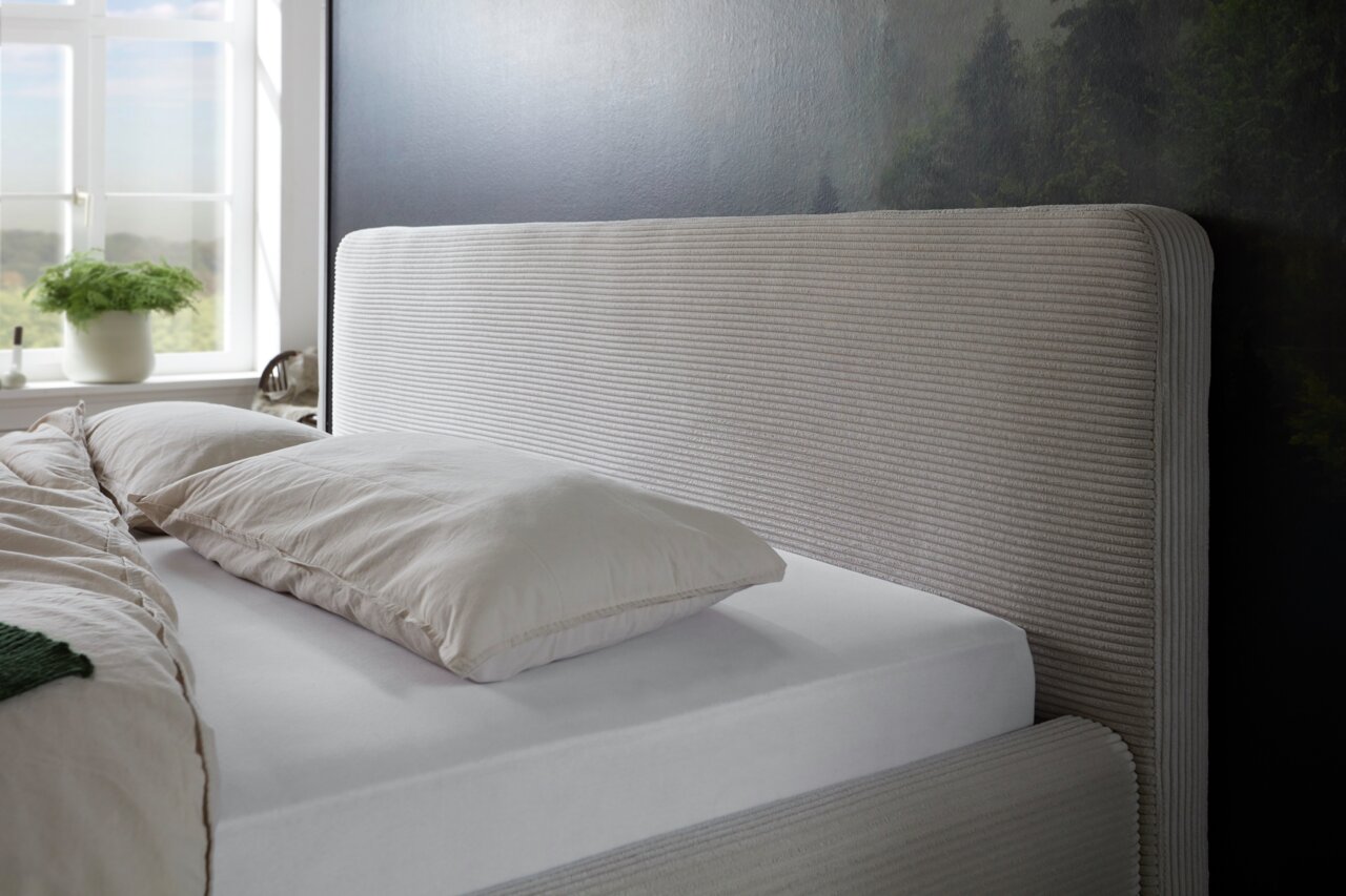 Seitliche Perspektive eines Polsterbettgestells mit gestreiftem Kopfteil in einem hellen Raum mit Fenster.