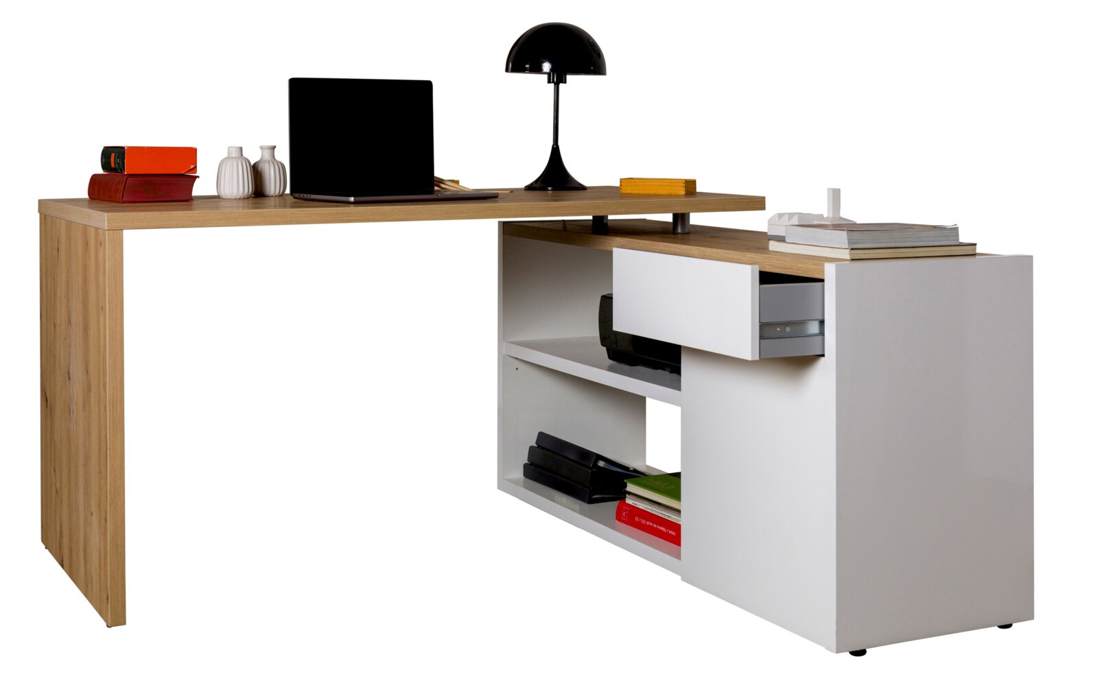 Modern hoekbureau van hout en wit met open vakken en een lade, zijaanzicht