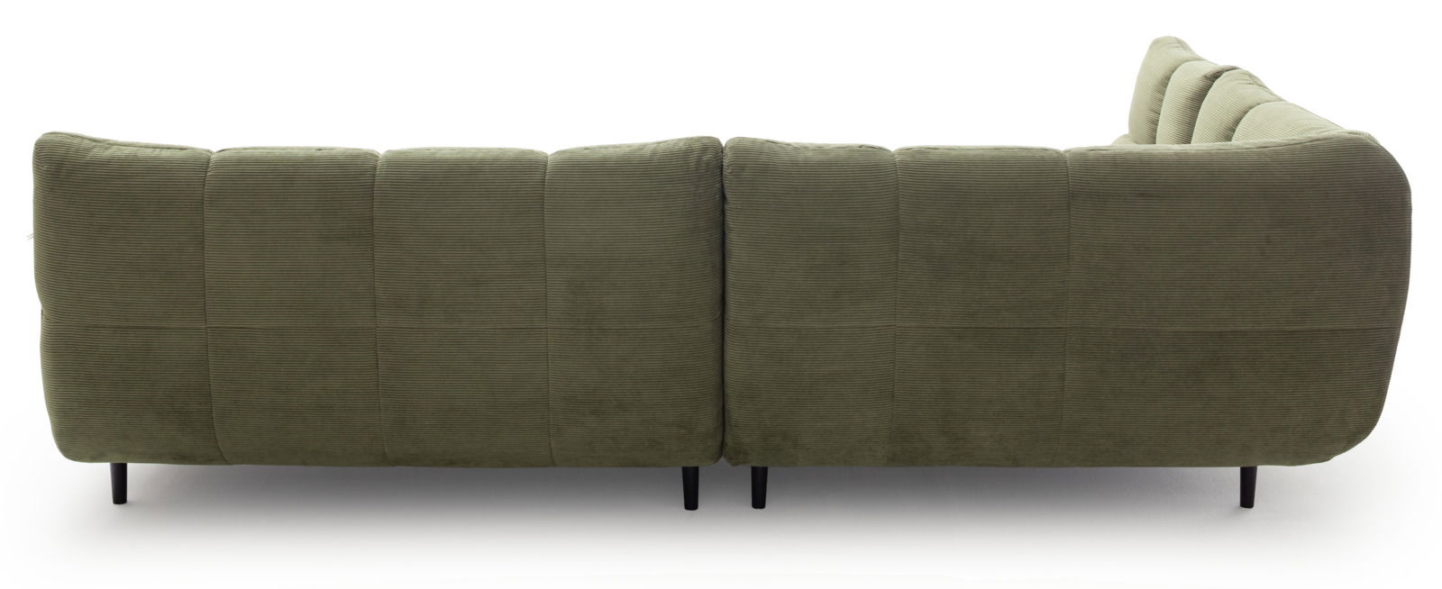 Rückansicht einer grünen Eckgarnitur mit geripptem Stoffbezug und schwarzen Beinen.