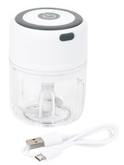 Elektrischer Zerkleinerer Choptastic 2 pro in Weiß mit transparentem Behälter und USB-Ladekabel, seitliche Perspektive