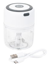 Elektrischer Zerkleinerer Choptastic 2 pro in Weiß mit transparentem Behälter und USB-Ladekabel, seitliche Perspektive