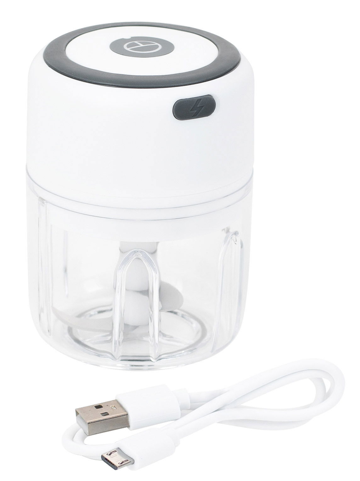Elektrischer Zerkleinerer Choptastic 2 pro in Weiß mit transparentem Behälter und USB-Ladekabel, seitliche Perspektive