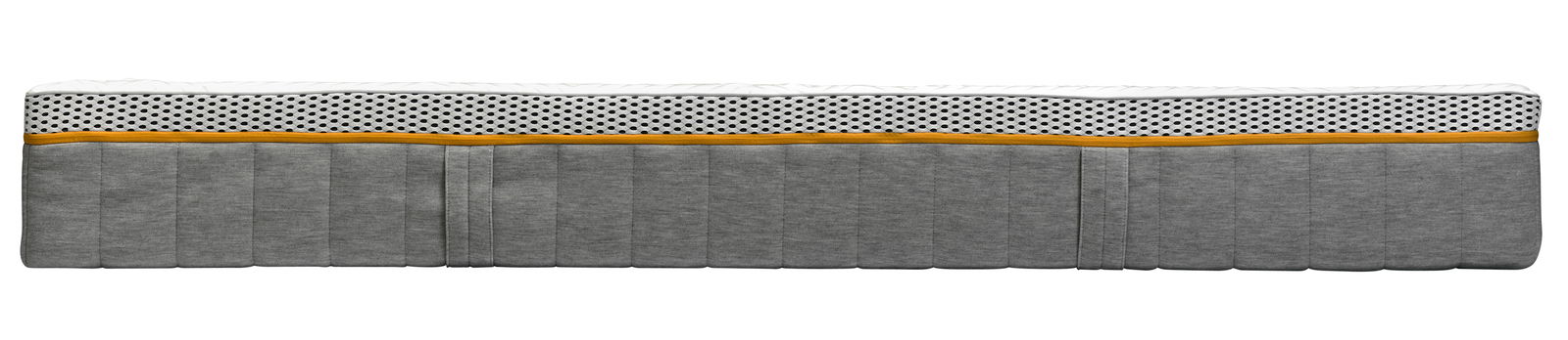 irisette Matratze 90x200 soft BODY&SOUL Seitenansicht einer Matratze mit grauem Stoffbezug und gelbem Streifen, 90x200 cm, Modell BODY&SOUL