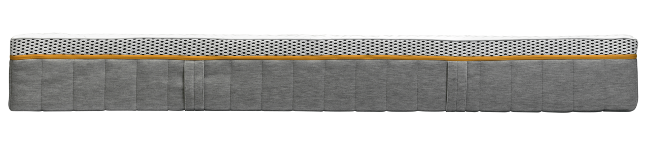 irisette Matratze 90x200 soft BODY&SOUL Seitenansicht einer Matratze mit grauem Stoffbezug und gelbem Streifen, 90x200 cm, Modell BODY&SOUL