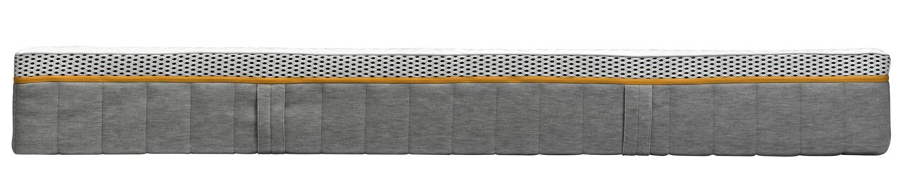 irisette Matratze 90x200 soft BODY&SOUL Seitenansicht einer Matratze mit grauem Stoffbezug und gelbem Streifen, 90x200 cm, Modell BODY&SOUL