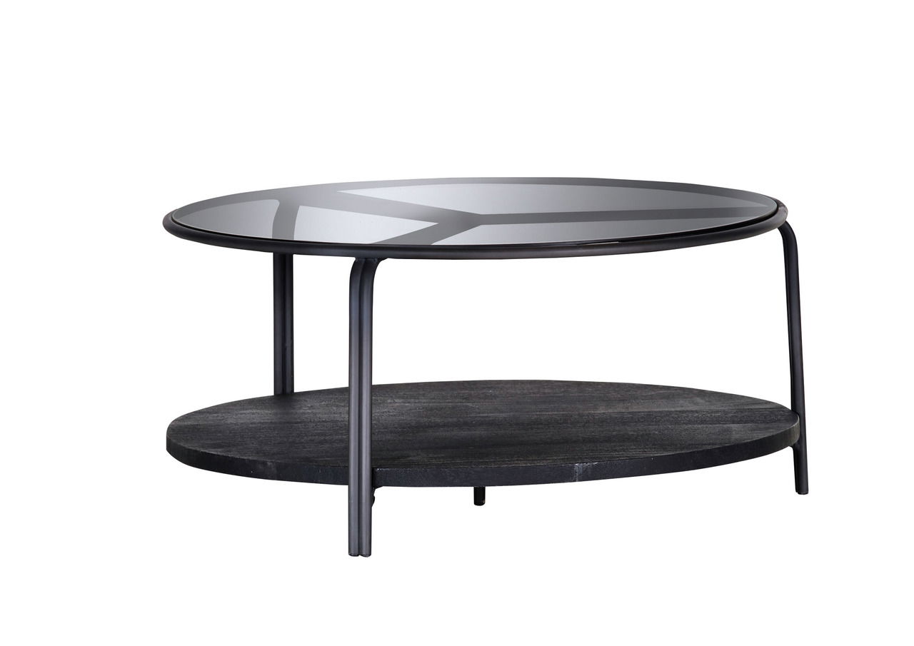 Moderner Couchtisch mit Glasplatte und schwarzem Metallgestell, seitliche Perspektive