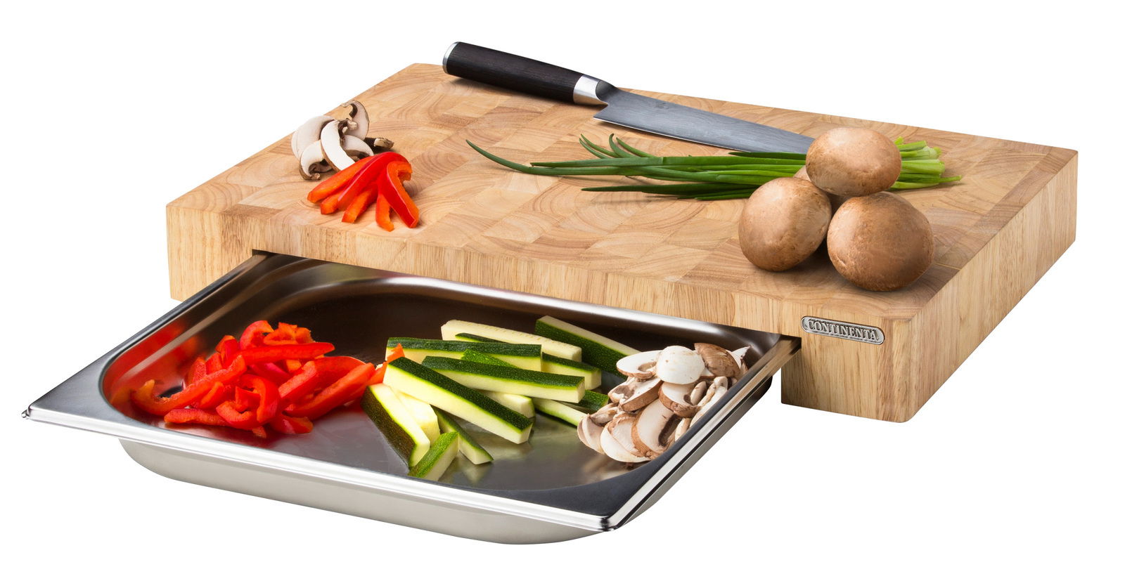 Continenta Schneidebrett Stirnholz Schneidebrett aus Stirnholz mit Edelstahl-Schublade, darauf geschnittenes Gemüse und ein Messer, seitliche Perspektive