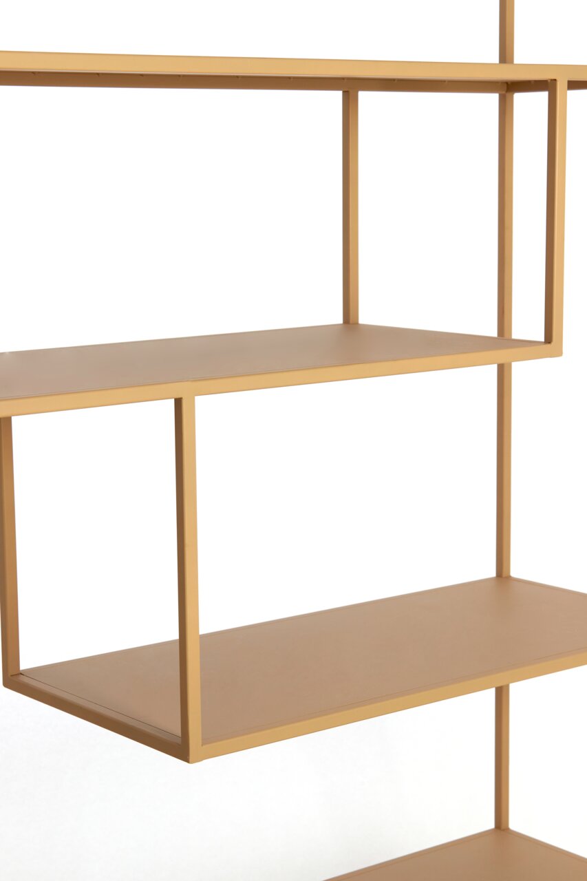 Moderne houten staande boekenkast met een minimalistisch ontwerp, zijaanzicht