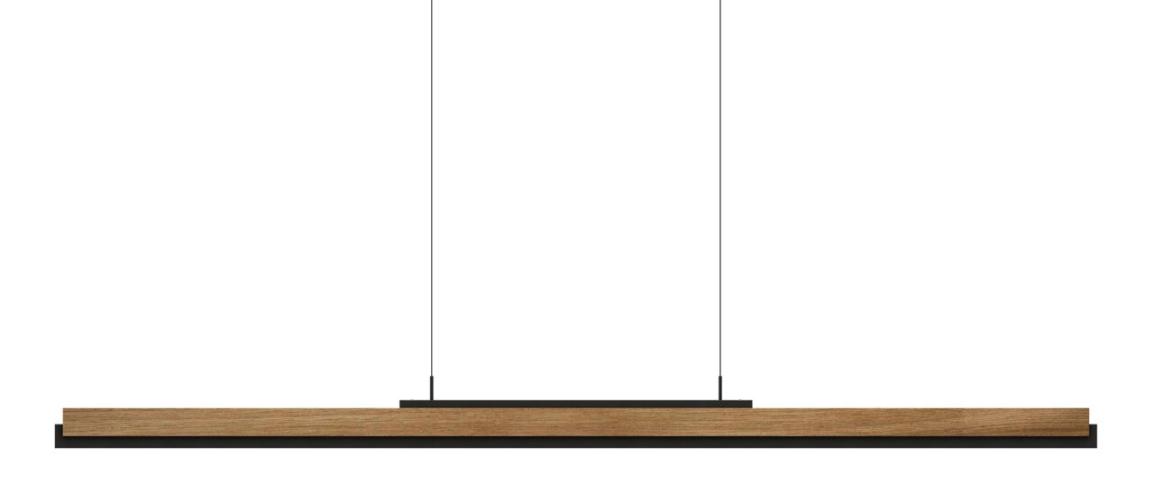 Moderne LED-Pendelleuchte mit Holz- und Metallelementen, seitliche Perspektive
