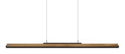 Moderne LED-Pendelleuchte mit Holz- und Metallelementen, seitliche Perspektive