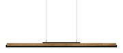 Moderne LED-Pendelleuchte mit Holz- und Metallelementen, seitliche Perspektive