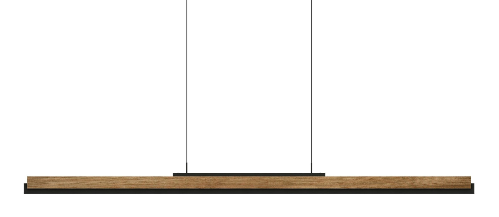 Moderne LED-Pendelleuchte mit Holz- und Metallelementen, seitliche Perspektive