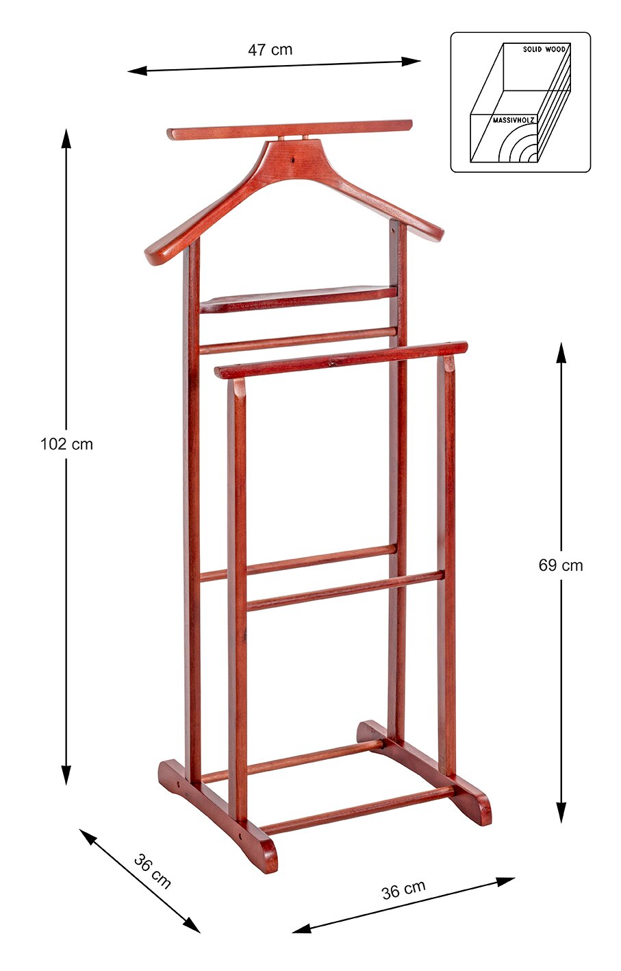 Massivholz-Herrendiener in rötlich-brauner Holzoptik mit Kleiderbügel, Hosenstange und Ablageleisten, Maße ca. 102 x 47 x 36 cm, freigestellt in Frontansicht.