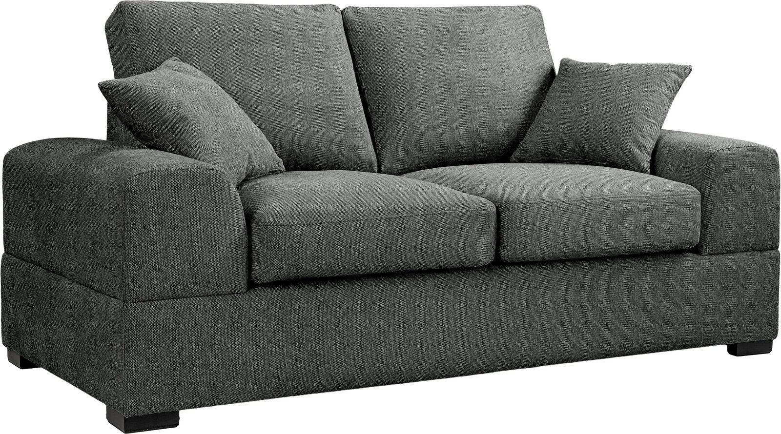 MID.YOU 2-zitsbank VEDA Dunkelgraues 2-Sitzer-Stoffsofa mit breiten Armlehnen, zwei Sitz- und zwei Rückenkissen sowie zwei Zierkissen, freigestellt auf weißem Hintergrund, Ansicht schräg von vorne links