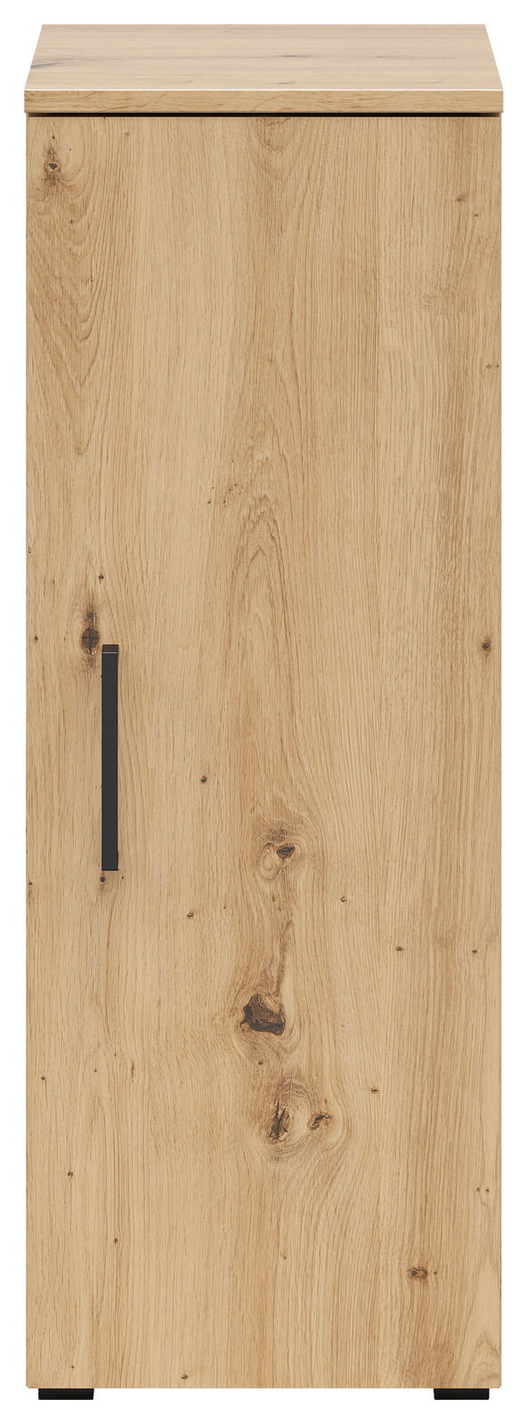 Frontansicht eines Mehrzweckschranks aus Holz mit einer Tür und einem schwarzen Griff.