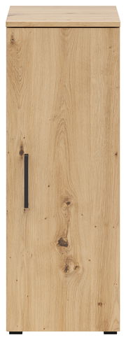 Frontansicht eines Mehrzweckschranks aus Holz mit einer Tür und einem schwarzen Griff.